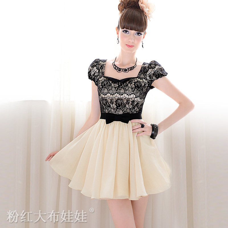 2012 summer Beige splicing black lace diamond expansion bottom  bubble short-sleeve womens dress size S M L