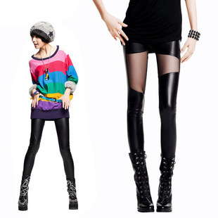 2012 summer black faux leather gauze irregular patchwork slim legging ankle length trousers female