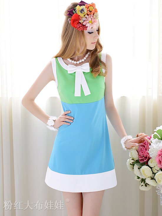 2012 summer blue and white Splicing green slim sleeveless for women dress New