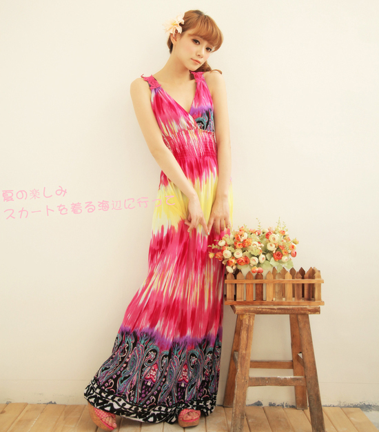 2012 summer bohemia multicolour print V-neck cutout crotch full dress one-piece dress 58867