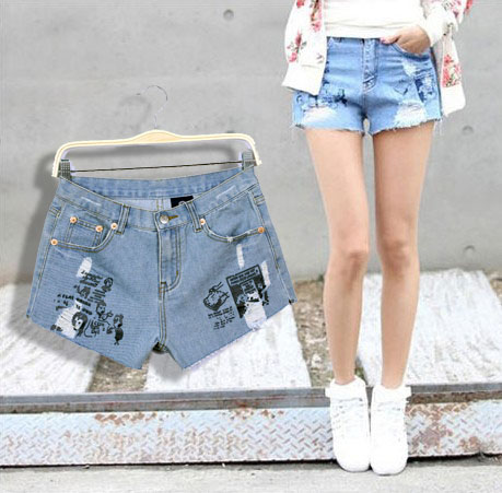 2012 summer casual personalized print pattern light blue flash denim shorts 8999