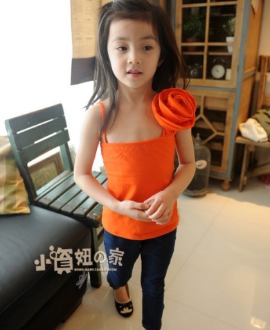 2012 summer child girls clothing orange rose three-dimensional flower pure cotton vest spaghetti strap vest