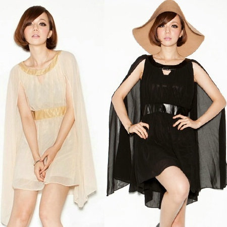 2012 summer collar the waist patchwork leather personalized sunscreen cape faux silk one-piece dress