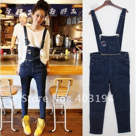 2012 summer denim bib pants elastic denim jumpsuit suspenders skinny pants denim women's Rompers