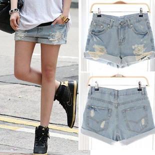 2012 summer distrressed loose light blue hole roll-up hem roll up hem denim shorts female