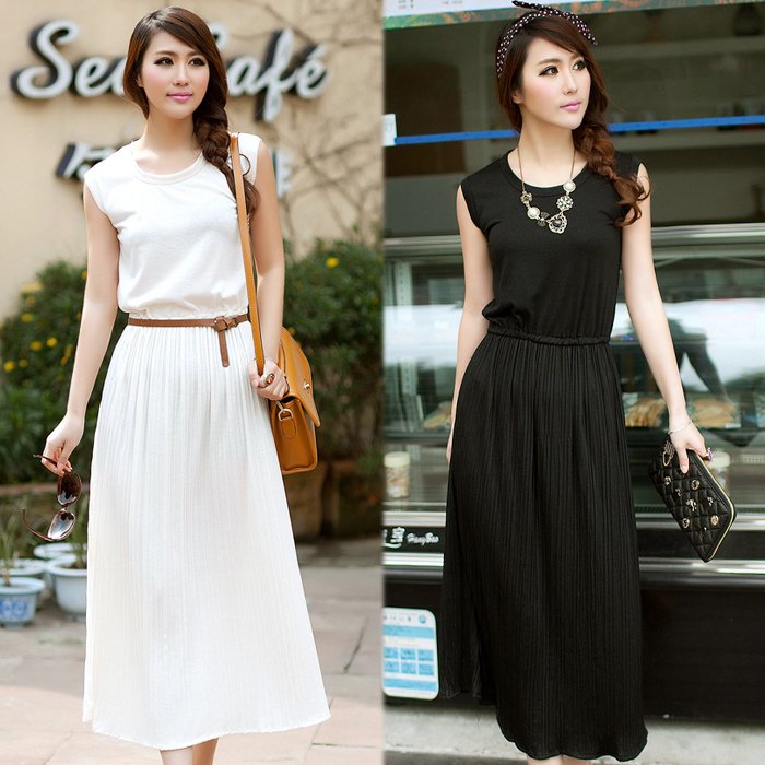 2012 summer elegant smoke pleated o-neck solid color vest full dress one-piece dress female