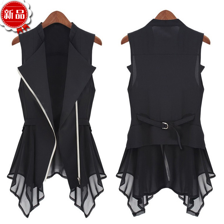 2012 summer elegant vest zipper vest outerwear long design vest personalized vest chiffon shirt