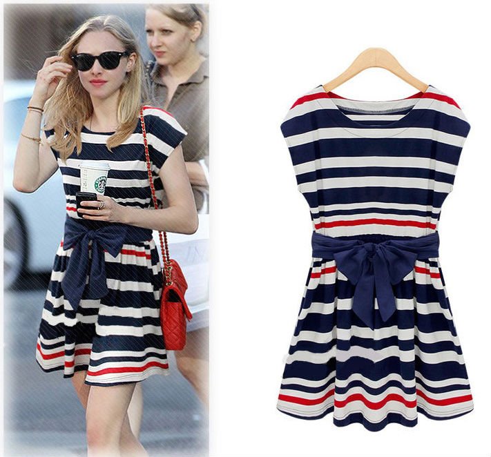 2012 Summer Europe and the new women's clothing, cotton navy wind stripe   with dress of cultivate one's morality