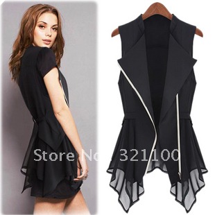 2012 Summer Fashion Hot Sale High Quality Women's Zipper Patchwork Sweep Irregular Chiffon Patchwork Slim Waist Motorcycle Vest