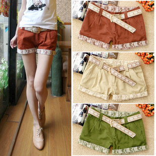 2012 summer fashion lace decoration roll up hem casual shorts women's single-shorts with belt