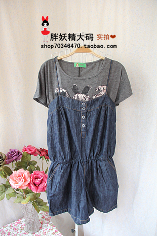 2012 summer female denim mm plus size loose embroidery bib pants thin denim shorts plus size