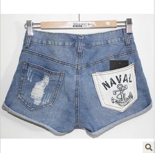 2012 summer female denim shorts summer fashion letter loose roll-up hem hole hot