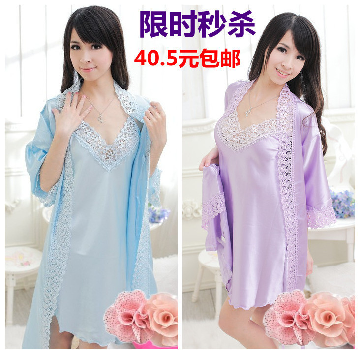 2012 summer female spaghetti strap sexy nightgown robe twinset faux silk sleepwear bowline