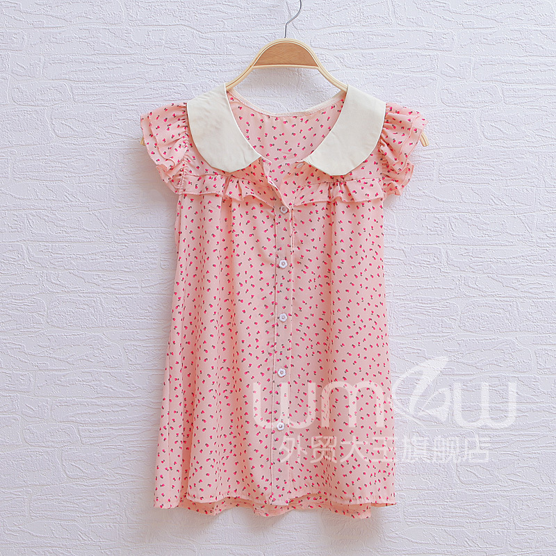 2012 summer female summer fresh small doll turn-down collar ruffle hem loose short-sleeve shirt wc1179