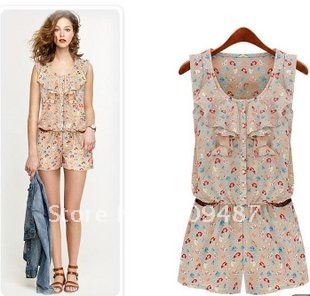 2012 Summer for ladies European style idyllic floral retro flounced piece shorts shorts Jumpsuit