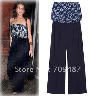 2012 Summer large size women's blue and white porcelain was thin sexy Bra piece pants Wide leg jumpsuits