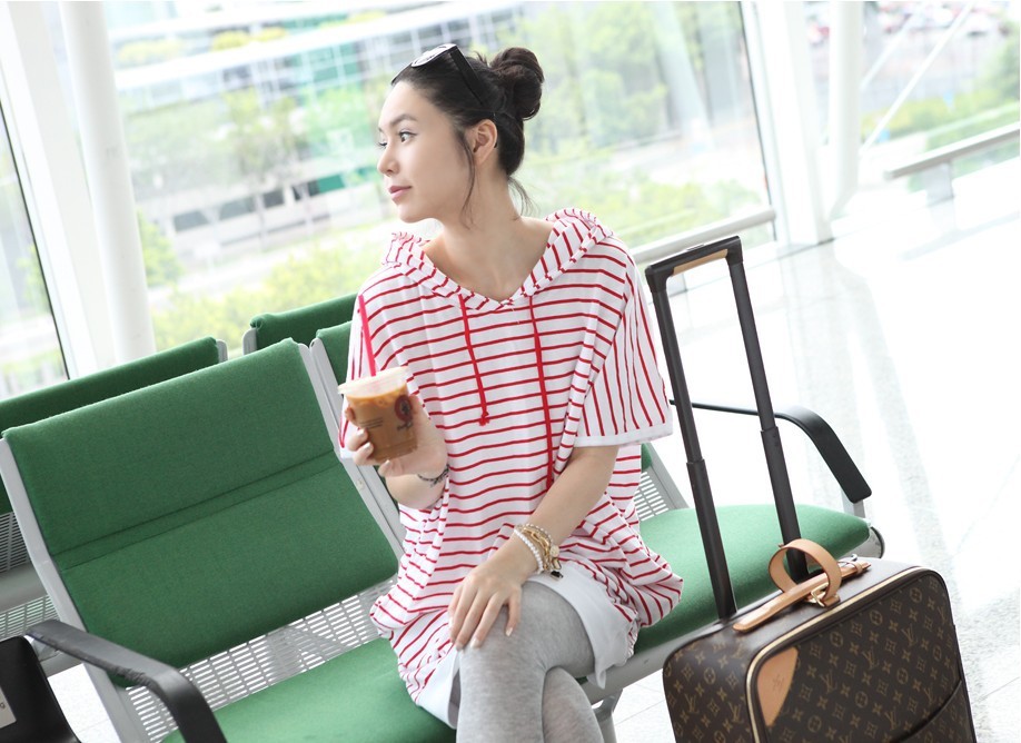 2012 summer maternity clothing fashion long design maternity stripe with a hood short-sleeve T-shirt cy46