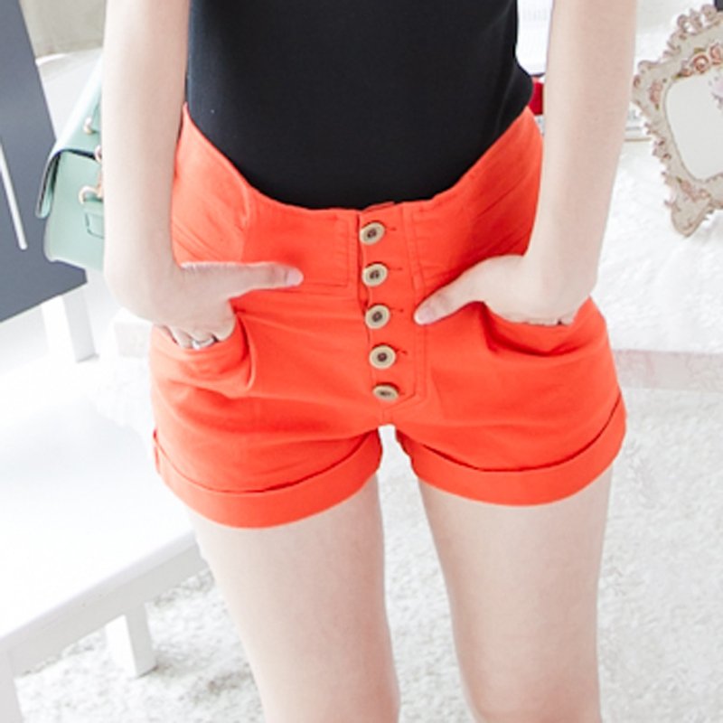 2012 summer new arrival all-match personality 100% cotton solid color multi-button slim women's high waist pants shorts