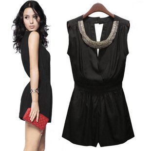 2012 Summer NEW Beading decoration slim black women Jumpsuit S,M,L,XL Wholesale & Retail