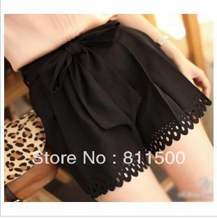 2012 summer new Japan-South Korea design black shorts edition Bow Elastic hollowed-out engraved Skorts