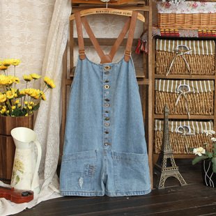 2012 Summer New Japanese Brass Buttons Cortex Strap Pocket Loose Denim Overalls Causal Jumpsuits & Rompers Free Shipping