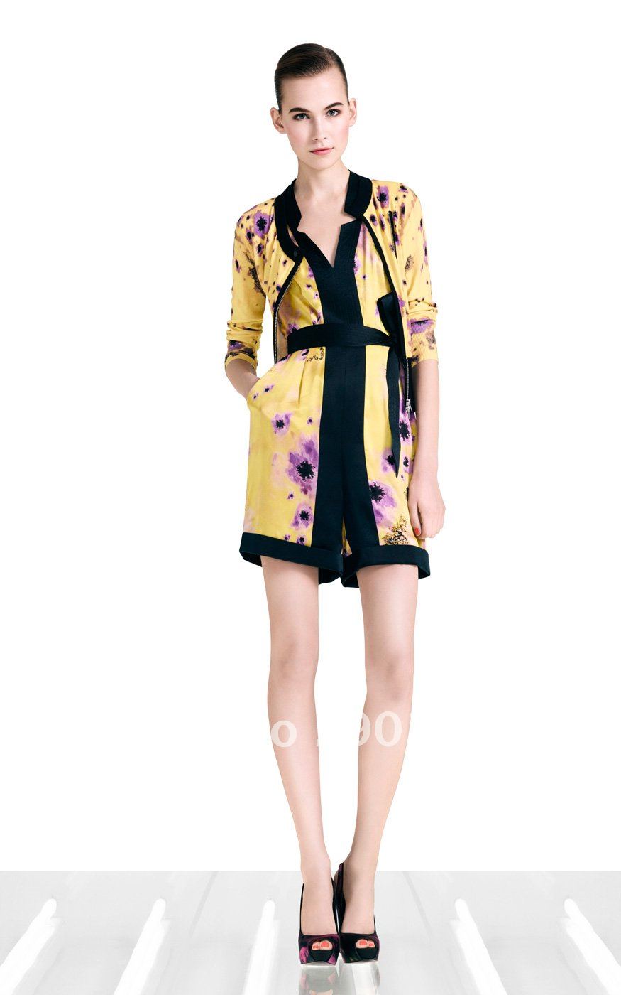 2012 summer new women Yellow Floral Playsuit Lapel Slim piece pants dress