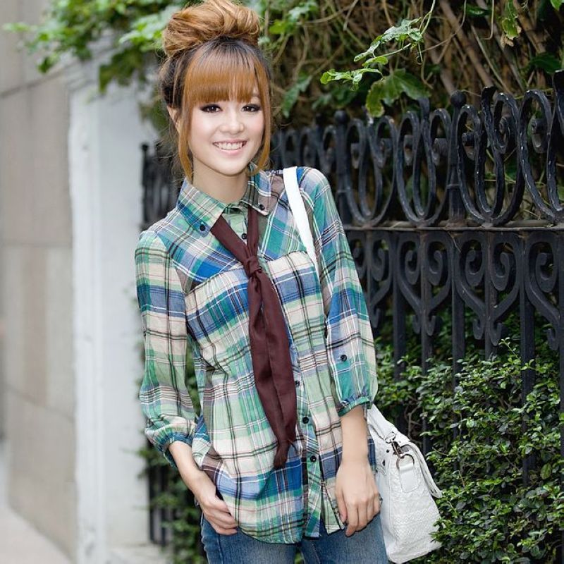 2012 summer plaid shirt women's slim casual long-sleeve shirt plus size female