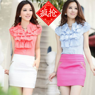 2012 summer plus size pleated women's short skirt shirt chiffon twinset short-sleeve dress