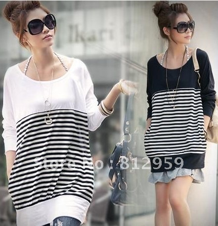 2012 summer popular plus size loose stripe color block decoration pocket t-shirt casual o-neck long-sleeve T-shirt maternity