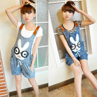 2012 summer rabbit denim bib pants suspenders shorts female denim shorts loose thin