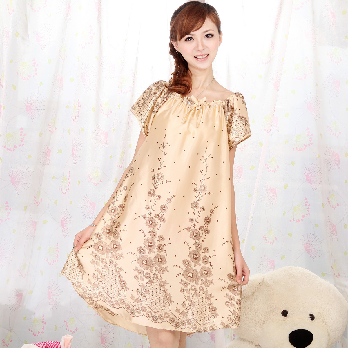 2012 summer red sexy faux silk nightgown female casual loose lounge lovely sleepwear (PJ001)