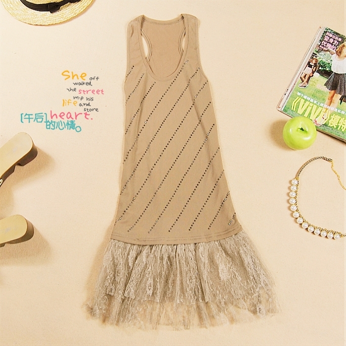 2012 summer rhinestone nubuck leather lace faux two piece basic skirt one-piece dress tank dress