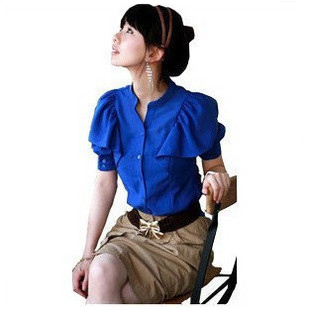 2012 summer ruffle sleeve slim waist short-sleeve shirt/OLwomen blouses S-Xl-Free Shipping