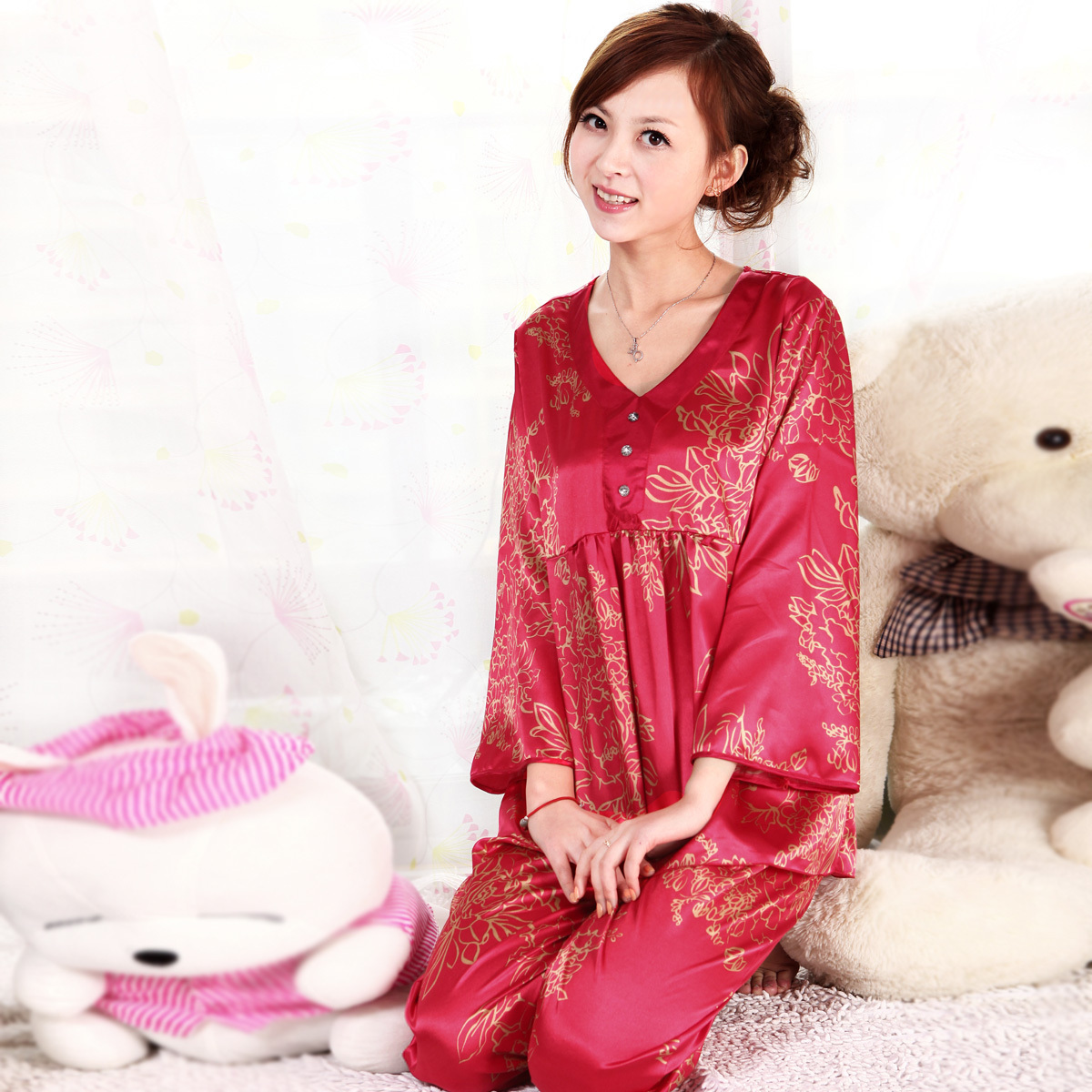 2012 summer sexy spaghetti strap faux silk sleepwear nightgown twinset thin women's lounge magnificently (PJ001)