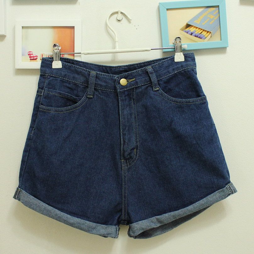 2012 summer simple elegant dark color high waist denim shorts female loose