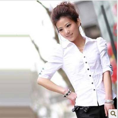 2012 Summer Single-Breasted Lapel Shirts Women Half Hubble-Bubble Sleeve Purity Cotton White Black OL Fashion Lady