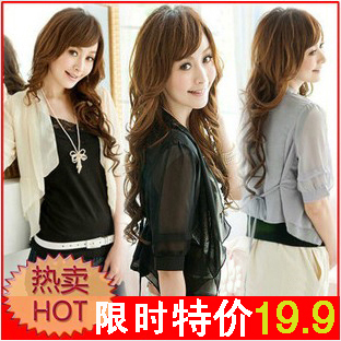 2012 summer small cardigan short design thin outerwear women's plus size sun protection clothing cape chiffon shirt summer