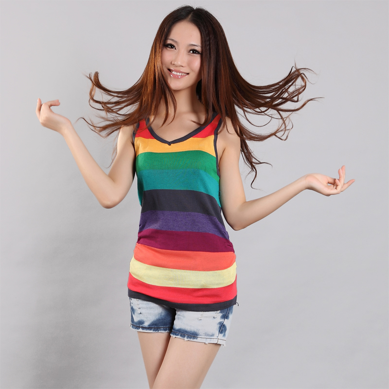 2012 summer stripe sleeveless V-neck fluid basic shirt woven vest spaghetti strap women's shorts