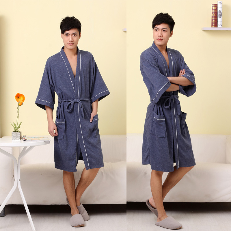 2012 summer thin 100% cotton waffle bathrobes 100% cotton short-sleeve robe male 100% cotton bathrobe plus size available 7501