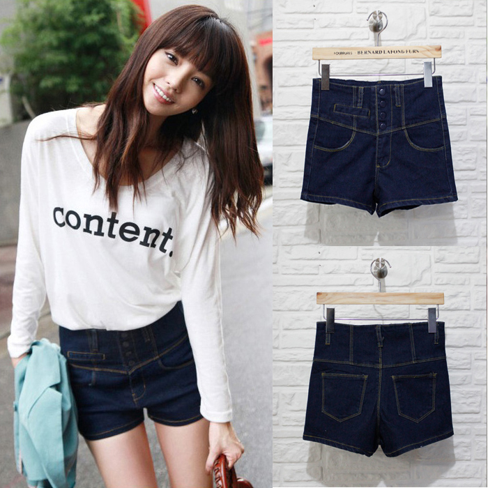 2012 summer vintage buckle loose in the high waist ultra-short denim shorts women's high waist denim shorts