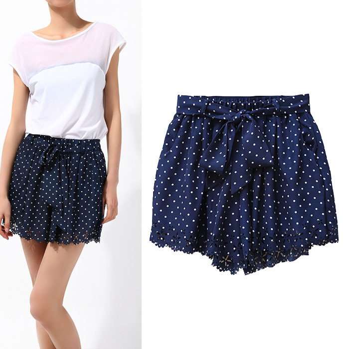 2012 summer vintage polka dot chiffon bow cutout skorts elastic lacing shorts culottes