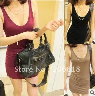 2012 summer wear new female han edition tight joker render unlined upper garment skirt plunging back sexy vest dress son