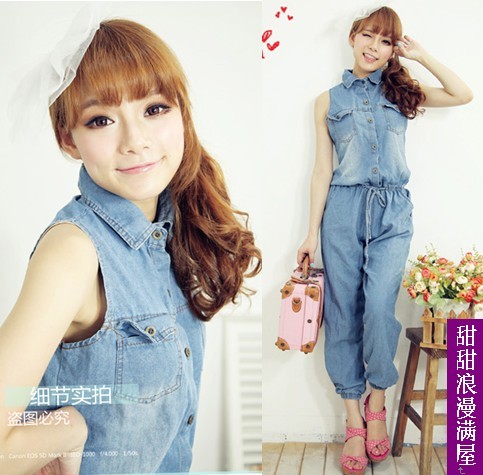 2012 summer women's 3750210 fashion slim waist light blue denim jumpsuit trousers