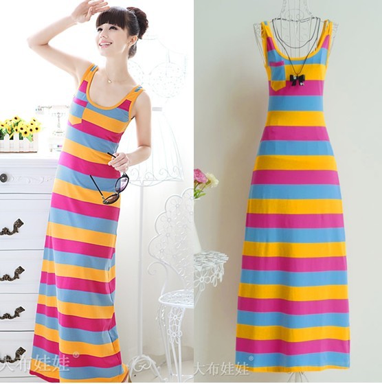 2012 summer women's 402540 sweet multicolour stripe slim long design tank dress one-piece dress