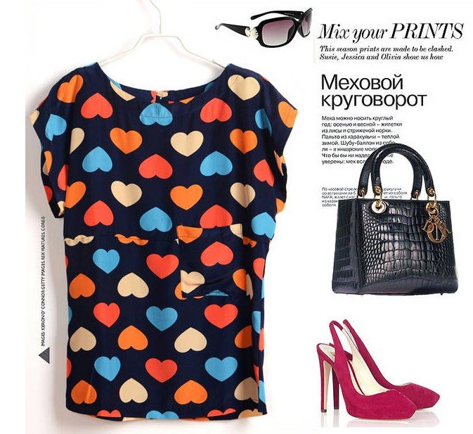 2012 summer  women's  chiffon heart printed t shirt stylish tees round collar European style cute blouse