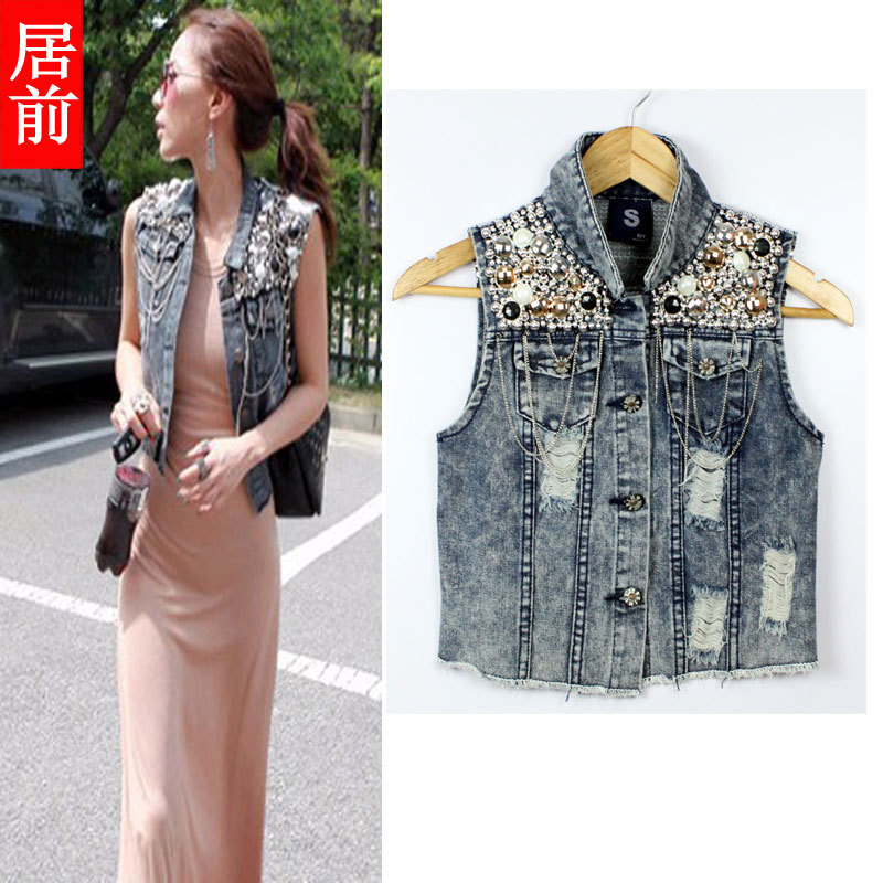 2012 summer women's d9453 turn-down collar short design denim outerwear denim vest sparkling diamond vest , free shipping