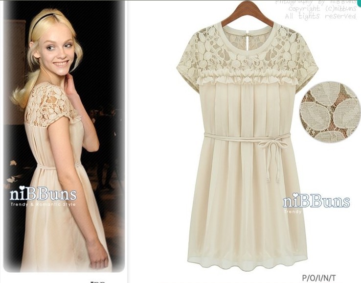 2012 summer women's fashion quality slim creased lace collar chiffon short-sleeve dress summer