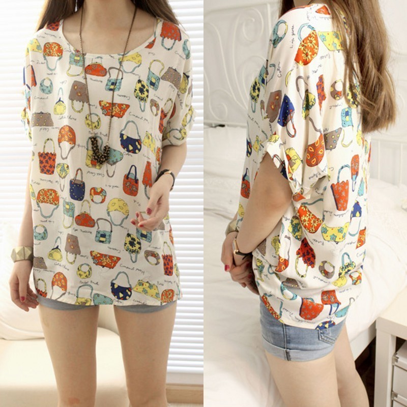 2012 summer women's loose short-sleeve chiffon shirt t-shirt floral print chiffon top