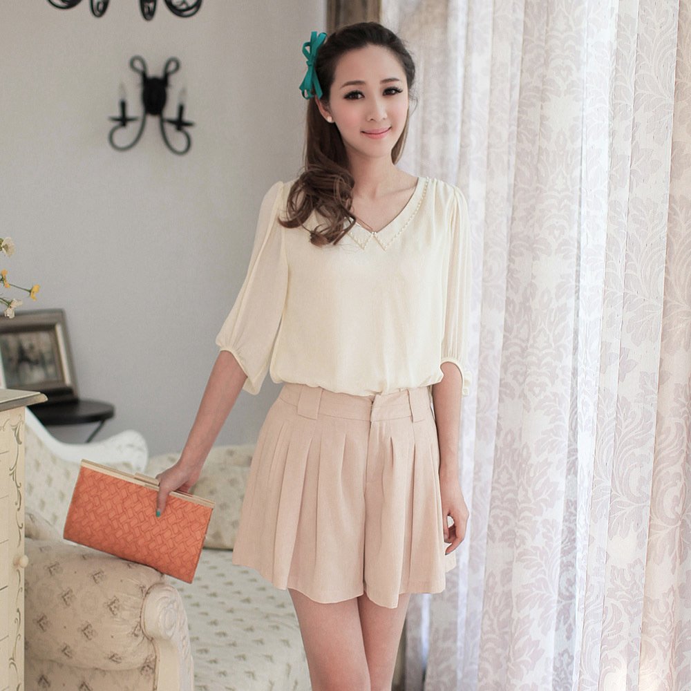 2012 summer women's new arrival short-sleeve loose t-shirt chiffon set women's high waist shorts