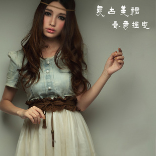 2012 summer women's o-neck vintage chiffon lace gauze patchwork short-sleeve denim one-piece dress